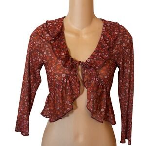Colorful Planet‎ Women's Crop Top Medium 10 Tie Front Long Sleeve Floral Print